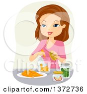 Poster, Art Print Of Happy Brunette White Woman Canning Carrots And Cucumbers