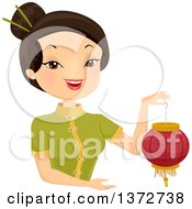 Happy Asian Woman Holding A Chinese Lantern