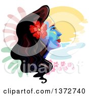 Colorful Womans Face With A Hawaiian Hibiscus Flowers And Painted Spots