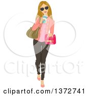 Poster, Art Print Of Blond Caucasian Woman Walking With A Container Of Takeout Food And Drinking A Soda