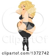 Poster, Art Print Of Rear View Of A Sexy Blond White Chubby Woman Posing In Lingerie And Looking Back