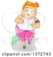 Clipart Of A Cartoon Happy Red Haired White Chubby Woman Jogging And Listening To Music Royalty Free Vector Illustration