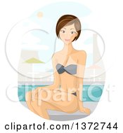 Poster, Art Print Of Young Thin Brunette White Woman Sitting On A Pool Side