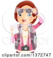 Clipart Of A Happy Brunette White Woman Lifting Her Sunglasses And Checking Her Travel Itinerary Royalty Free Vector Illustration by BNP Design Studio