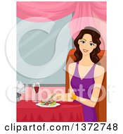 Poster, Art Print Of Happy Brunette White Woman Dining In A Restaurant