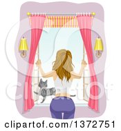 Rear View Of A Dirty Blond White Woman Opening A Window With Her Cat On The Pane