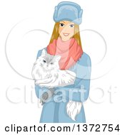 Poster, Art Print Of Happy Blond White Woman Carrying A White Siberian Cat