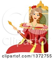Brunette White Queen Sitting On The Throne And Holding A Scepter