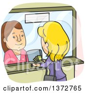 Clipart Of A Cartoon White Woman At A Money Transfer Stop Royalty Free Vector Illustration