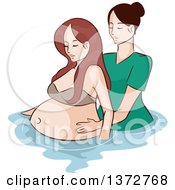 Clipart Of A Sketched White Midwife Helping A Woman With Water Birth Royalty Free Vector Illustration