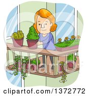 Poster, Art Print Of Cartoon Red Haired White Woman Organizing Potted Plants On Her Balcony