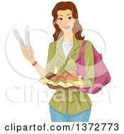 Poster, Art Print Of Brunette White Woman Holding Tongs And A Basket Of Bread