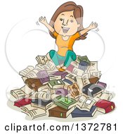 Poster, Art Print Of Cartoon Brunette White Woman Sitting On A Pile Of Books And Cheering