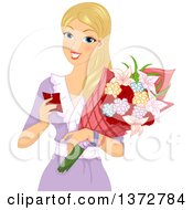 Poster, Art Print Of Blond White Woman Reading A Tag And Receiving Flowers