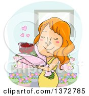 Red Haired White Woman Hugging A Bouquet Of Flowers
