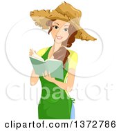 Happy Brunette White Woman Wearing A Straw Hat And Reading A Gardening Book