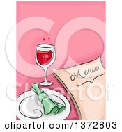 Clipart Of A Menu Glass Of Wine And Place Setting Over Pink Royalty Free Vector Illustration