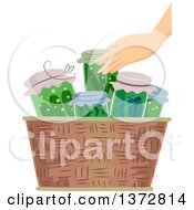 Caucasian Hand Putting Canned Vegetables In A Basket
