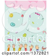 Clipart Of A Background Of Clouds Raining Candy And Hands Of Children Royalty Free Vector Illustration