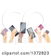Poster, Art Print Of Group Of Hands Holding Up Cell Phones With Text Space
