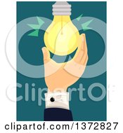 Poster, Art Print Of Business Mans Hands Screwing In A Light Bulb Over Teal