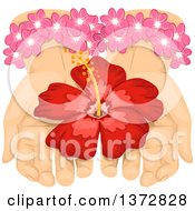 Clipart Of A Pair Of Hands Offering A Red Hibiscus Flower Royalty Free Vector Illustration