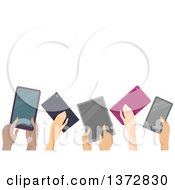 Poster, Art Print Of Group Of Hands Holding Up Computer Tablets With Text Space