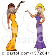 Clipart Of White And Black Female TV Show Hostesses Presenting Royalty Free Vector Illustration