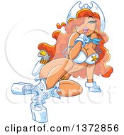 Clipart Of A Sexy Red Haired White Cowgirl Sheriff Pinup Woman Royalty Free Vector Illustration