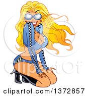 Clipart Of A Sexy Blond White Auto Racer Pinup Woman Kneeling Royalty Free Vector Illustration