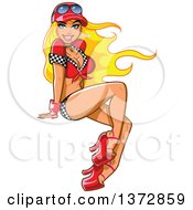 Clipart Of A Sexy Blond White Auto Racer Pinup Woman Sitting Royalty Free Vector Illustration