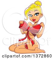 Poster, Art Print Of Sexy Blond White Pinup Woman Wearing A Bow Over Her Chest