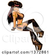 Clipart Of A Sexy Brunette White Cowgirl Pinup Woman Wearing Chaps Royalty Free Vector Illustration