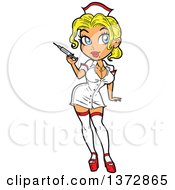 Clipart Of A Sexy Blond White Nurse Pinup Woman Holding A Syringe Royalty Free Vector Illustration