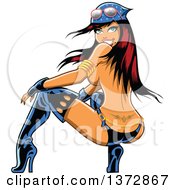Sexy Brunette Biker Pinup Woman Squatting And Looking Back