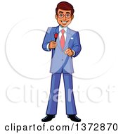Clipart Of A Happy Brunette White Male Game Show Host Holding A Microphone Royalty Free Vector Illustration by Clip Art Mascots