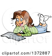 Poster, Art Print Of Excited Brunette White Girl Reading A Magazine On The Floor