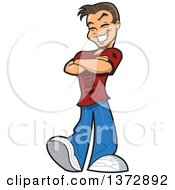 Happy Brunette White Male Teen Grinning And Standing With Folded Arms