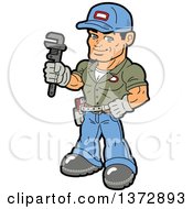 Clipart Of A Happy White Male Handyman Holding A Monkey Wrench Royalty Free Vector Illustration