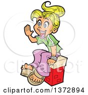 Clipart Of A Happy Blond White Teenage Girl Sitting And Shouting Royalty Free Vector Illustration