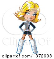 Poster, Art Print Of Happy Blond White Woman Posing In A Dress And Tall Boots
