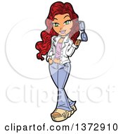 Clipart Of A Red Haired White Woman Walking And Holding Sunglasses Royalty Free Vector Illustration