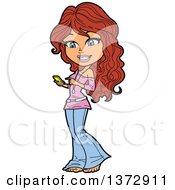 Clipart Of A Happy Brunette White Teenage Girl Texting On Her Phone Royalty Free Vector Illustration