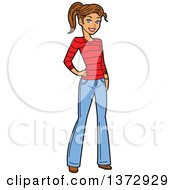 Clipart Of A Young Brunette White Woman Posing In Jeans Royalty Free Vector Illustration