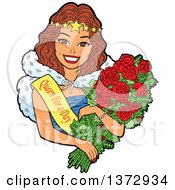 Poster, Art Print Of Brunette White Woman Wearing A Queen For A Day Sash And Holding Roses