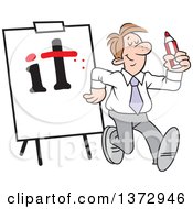 Poster, Art Print Of Cartoon Pleased White Business Man Walking Away From A Dotted I And Crossed T On A Board