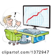 Cartoon Happy White Businessman Giving A Thumb Up And Sitting In Front Of A Growth Graph On A Computer