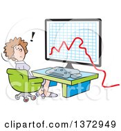 Cartoon Stressed White Business Woman Sitting In Front Of A Declining Business Graph On A Computer