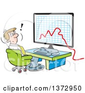 Poster, Art Print Of Cartoon Stressed White Businessman Sitting In Front Of A Declining Business Graph On A Computer