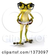 Clipart Of A 3d Bespectacled Light Green Frog Reading A Book On A White Background Royalty Free Illustration